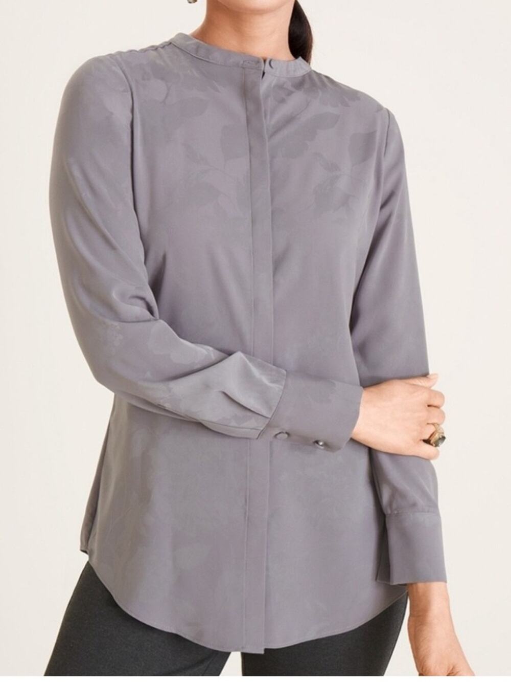 Chico’s | Floral Jacquard Satin Button Down Blouse Top Career Office Gray Large